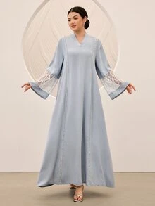 Mulvari 女款深藍色對比蕾絲袖口V領寬鬆長版襯衫，土耳其阿拉伯傳統晨間正式冬季優雅端莊風 - 藍色 - 查看 8