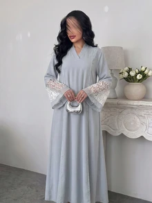 Mulvari 女款深藍色對比蕾絲袖口V領寬鬆長版襯衫，土耳其阿拉伯傳統晨間正式冬季優雅端莊風 - 藍色 - 查看 5