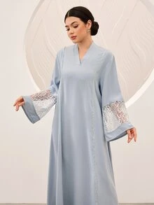 Mulvari 女款深藍色對比蕾絲袖口V領寬鬆長版襯衫，土耳其阿拉伯傳統晨間正式冬季優雅端莊風 - 藍色 - 查看 9