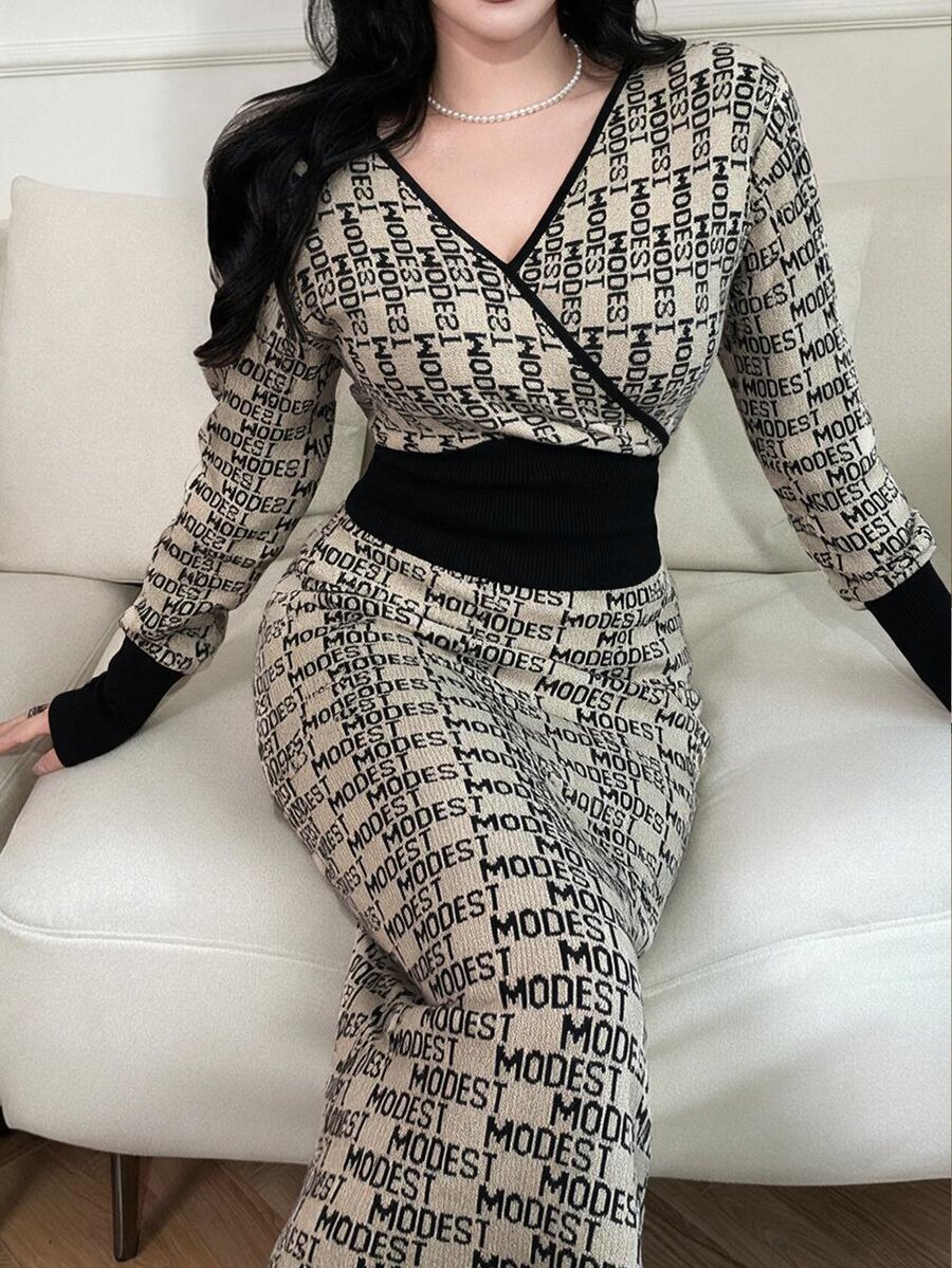Feyla Women's Letter Pattern V-Neck Batwing Long Sleeve Fitted Elegant Knit Dress - Multicolor - View 1