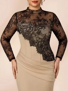 Serin Plus Size Elegant Luxurious Embroidered Lace Applique Patchwork Elastic Knit Ruched Mermaid Skirt Sheer Sleeves Suitable For Wedding Events Bachelorette Party Vacation Prom Evening Gown Dress - Multicolor - View 7