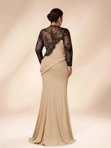 Serin Plus Size Elegant Luxurious Embroidered Lace Applique Patchwork Elastic Knit Ruched Mermaid Skirt Sheer Sleeves Suitable For Wedding Events Bachelorette Party Vacation Prom Evening Gown Dress - Multicolor - View 5