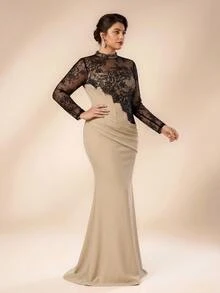 Serin Plus Size Elegant Luxurious Embroidered Lace Applique Patchwork Elastic Knit Ruched Mermaid Skirt Sheer Sleeves Suitable For Wedding Events Bachelorette Party Vacation Prom Evening Gown Dress - Multicolor - View 9