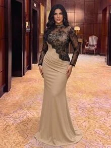 Serin Plus Size Elegant Luxurious Embroidered Lace Applique Patchwork Elastic Knit Ruched Mermaid Skirt Sheer Sleeves Suitable For Wedding Events Bachelorette Party Vacation Prom Evening Gown Dress - Multicolor - View 6