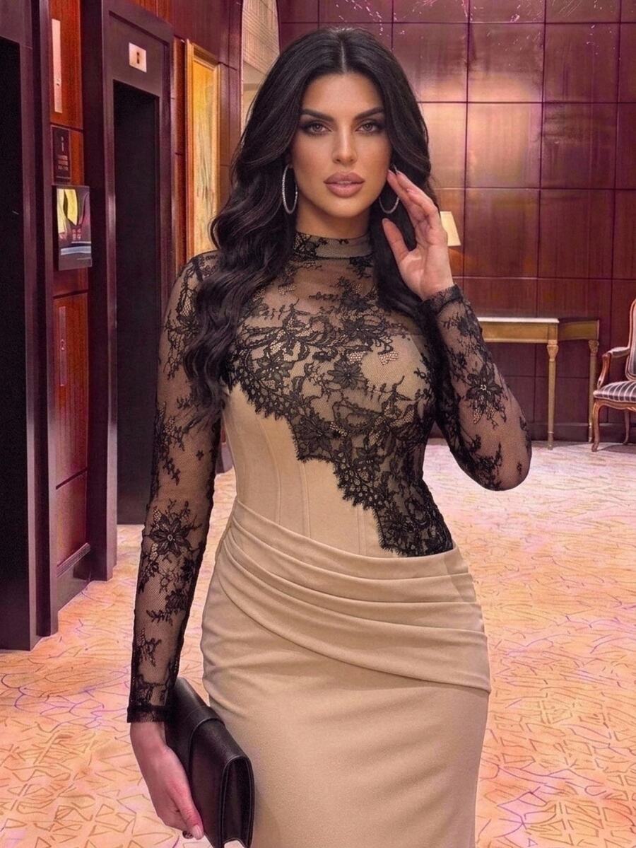 Serin Plus Size Elegant Luxurious Embroidered Lace Applique Patchwork Elastic Knit Ruched Mermaid Skirt Sheer Sleeves Suitable For Wedding Events Bachelorette Party Vacation Prom Evening Gown Dress