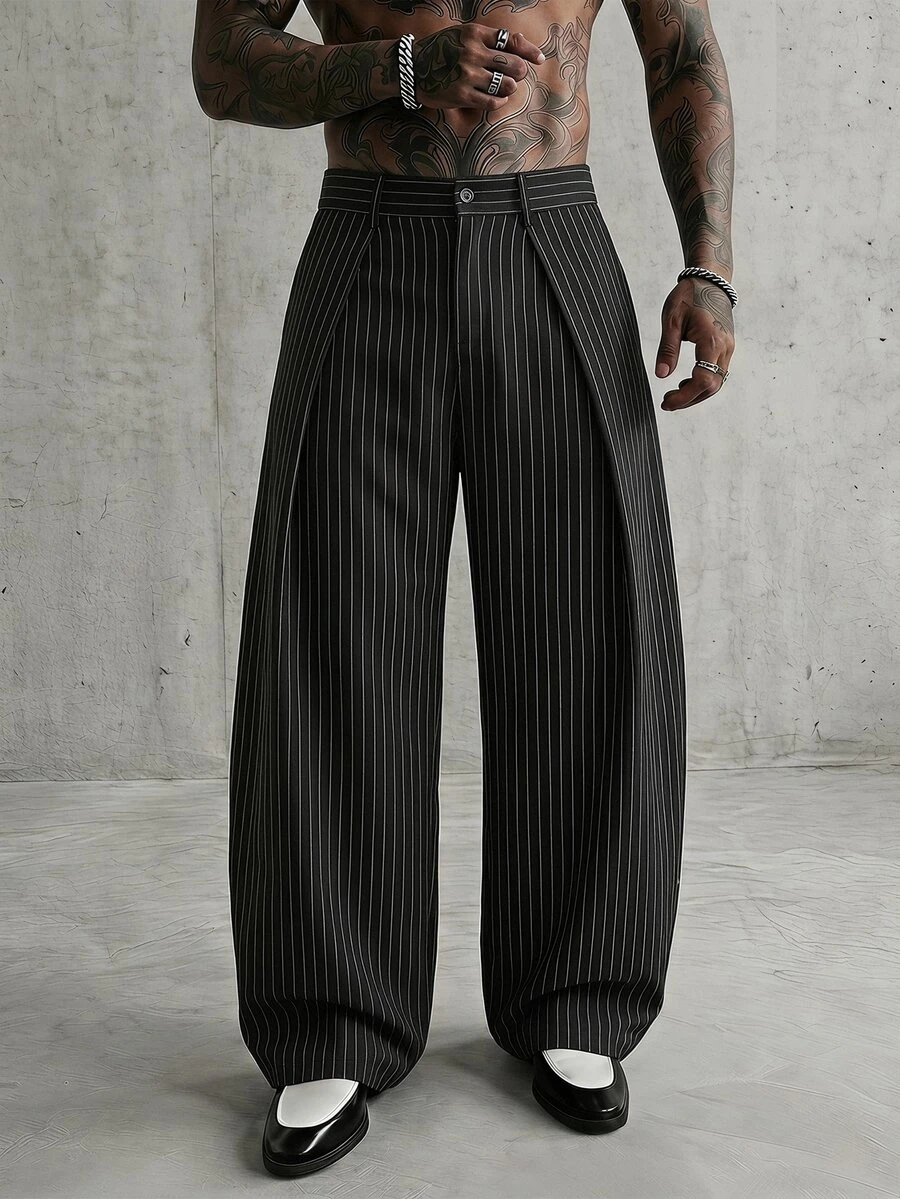 FRESIVO Men's Fashion Commuter Striped Loose Fit Pants - Black and White - View 1