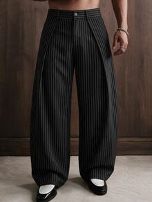 FRESIVO Men's Fashion Commuter Striped Loose Fit Pants - Black and White - View 9