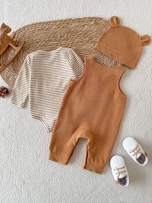 SHEIN 2件組新生兒男嬰字母刺繡可愛休閒條紋連身衣 + 連身褲 + 小熊帽子套裝，適合秋冬日常穿著 - 棕色 - 查看 6