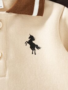 SHEIN Baby Boys Fall Colorblock Patchwork Modest Unicorn Horse Print POLO Long Sleeve Sweatshirt Vacation Matching Family Beige Basketball Dark Grey - Apricot - View 11