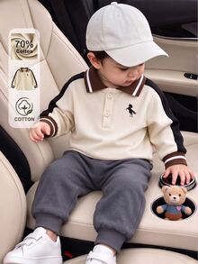 SHEIN Baby Boys Fall Colorblock Patchwork Modest Unicorn Horse Print POLO Long Sleeve Sweatshirt Vacation Matching Family Beige Basketball Dark Grey - Apricot - View 2