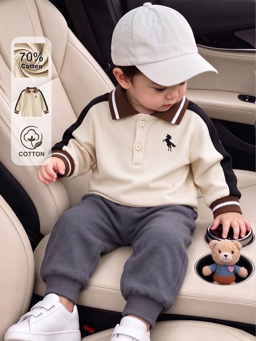 SHEIN Baby Boys Fall Colorblock Patchwork Modest Unicorn Horse Print POLO Long Sleeve Sweatshirt Vacation Matching Family Beige Basketball Dark Grey
