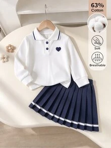 SHEIN 2件組少女學院風愛心刺繡棉質長袖 Polo 衫與條紋百褶裙套裝，休閒校園穿搭，適合秋季 - 彩色 - 查看 2