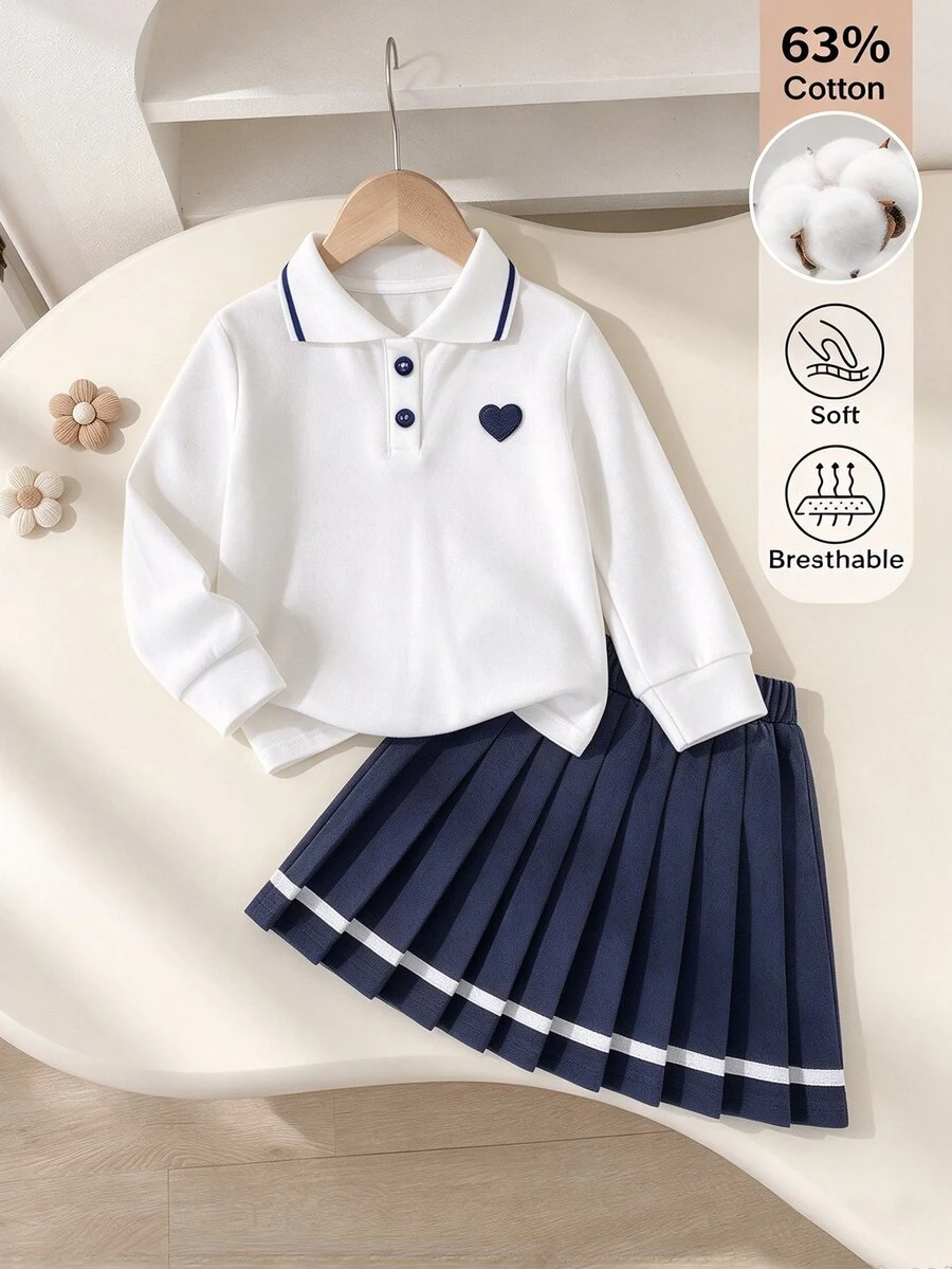 SHEIN 2件組少女學院風愛心刺繡棉質長袖 Polo 衫與條紋百褶裙套裝，休閒校園穿搭，適合秋季