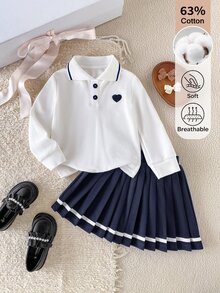 SHEIN 2件組少女學院風愛心刺繡棉質長袖 Polo 衫與條紋百褶裙套裝，休閒校園穿搭，適合秋季 - 彩色 - 查看 8