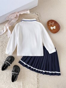 SHEIN 2件組少女學院風愛心刺繡棉質長袖 Polo 衫與條紋百褶裙套裝，休閒校園穿搭，適合秋季 - 彩色 - 查看 9