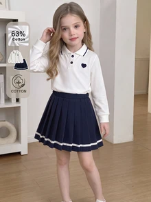 SHEIN 2件組少女學院風愛心刺繡棉質長袖 Polo 衫與條紋百褶裙套裝，休閒校園穿搭，適合秋季 - 彩色 - 查看 5