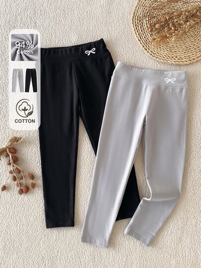 SHEIN 2pcs/Set Legging Warna Polos untuk Anak Perempuan, Celana Panjang Kasual Pinggang Tinggi Pelindung Pinggang dengan Bordir Simpul Pita Pas Badan untuk Musim Gugur/Dingin, Lapisan Dalam atau Luar