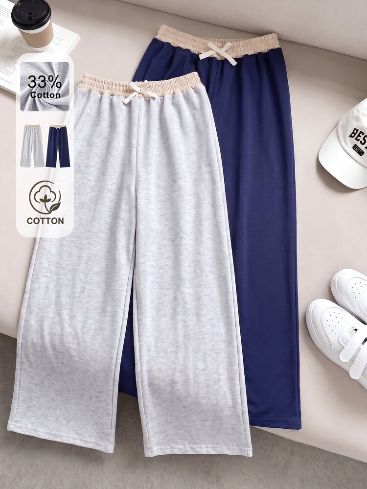 SHEIN 2 Pack Girls Autumn Winter Wide Leg Pants, Heather Grey & Navy Color Block Elastic Waist Drawstring Loose Soft Breathable Casual Trousers - Multicolor - View 1