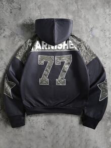 ROMWE MEN American Retro Jungle Camo Digital Print Faux Patchwork Hooded Sweatshirt Unisex 77 Number Star Print Short Hooded Sweatshirt - Multicolor - View 2