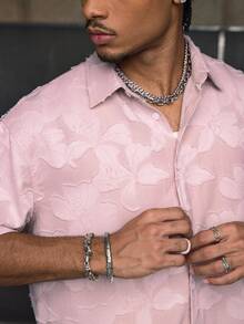 FRESIVO Multi-Size Streetwear Turndown Collar Short Sleeve Loose Fit Men Shirts - Baby Pink - View 6