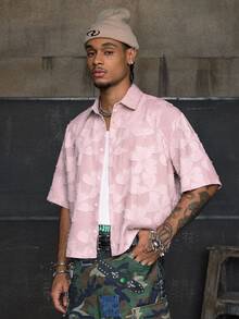 FRESIVO Multi-Size Streetwear Turndown Collar Short Sleeve Loose Fit Men Shirts - Baby Pink - View 4