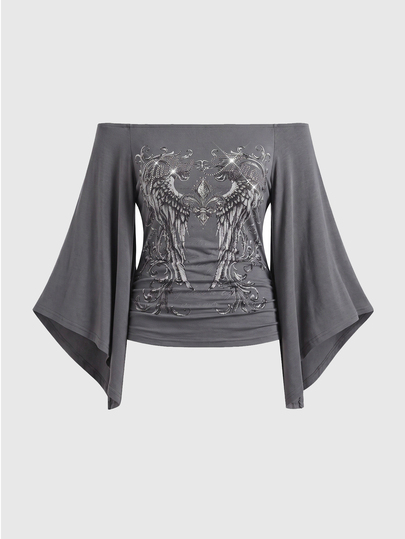 Gothic Iris Wing Rhinestone Letter Print Asymmetrical Sleeve Plus Size Women's Top, Off-Shoulder Women's Top