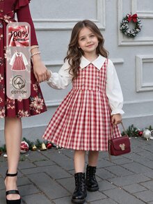 SHEIN 1件女嬰學院風紅色格紋雙排扣假兩件式彼得潘領長袖百褶洋裝，適合聖誕派對與秋季 - 紅色 - 查看 7