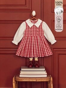 SHEIN 1件女嬰學院風紅色格紋雙排扣假兩件式彼得潘領長袖百褶洋裝，適合聖誕派對與秋季 - 紅色 - 查看 2