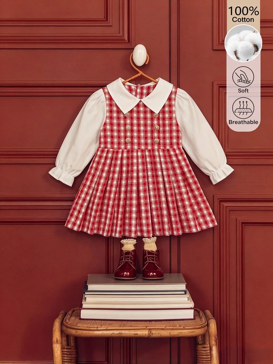 SHEIN 1件女嬰學院風紅色格紋雙排扣假兩件式彼得潘領長袖百褶洋裝，適合聖誕派對與秋季