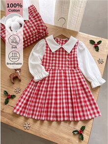 SHEIN 1件女嬰學院風紅色格紋雙排扣假兩件式彼得潘領長袖百褶洋裝，適合聖誕派對與秋季 - 紅色 - 查看 8