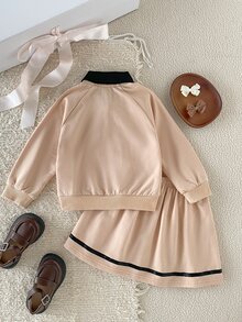 SHEIN Girls 4-8Y Autumn/Winter Apricot Collar Flip Long Sleeve Bow Raglan Sweatshirt With Matching Skirt Set, Gentle Minimalist Comfortable Easy To Wear, Suitable For Outdoor Activities, Shopping And More - Coffee Brown - View 5