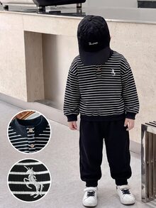 SHEIN Young Boys' Two Pieces Casual Set Featuring A Baby White Henley Neck Pullover Sweatshirt And Pants, Preppy Style Birthday Christening Autumn - Black - View 4