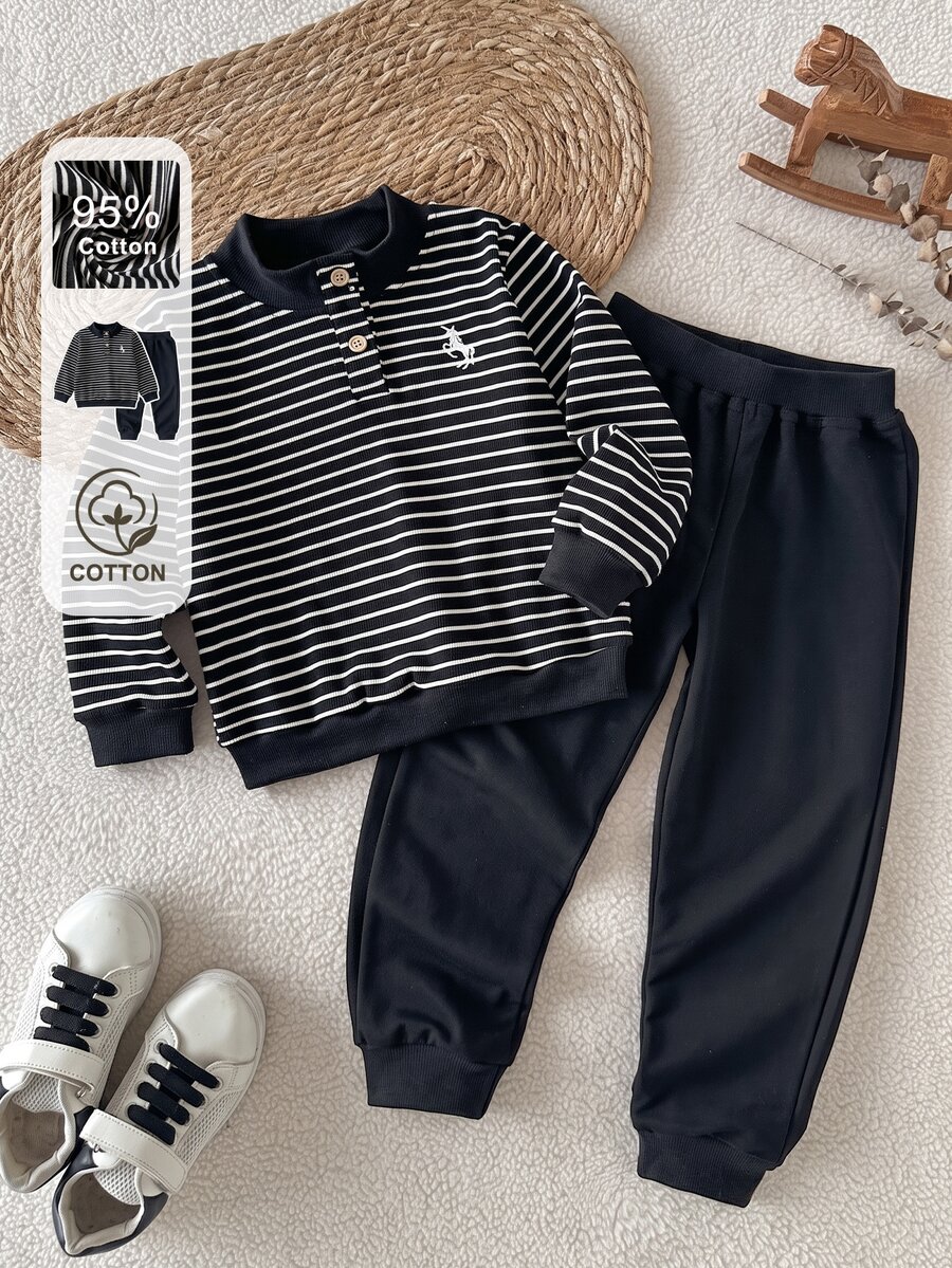 SHEIN Young Boys' Two Pieces Casual Set Featuring A Baby White Henley Neck Pullover Sweatshirt And Pants, Preppy Style Birthday Christening Autumn - Black - View 1