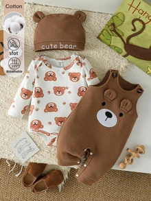 SHEIN 0-12M 中性嬰兒3件套服裝組合，熊圖案長袖連身衣 & 華夫格針織3D熊耳朵吊帶褲（附按扣褲襠），刺繡熊耳朵針織帽 - 彩色 - 查看 6