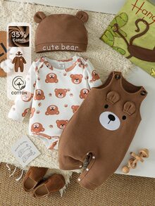SHEIN 0-12M 中性嬰兒3件套服裝組合，熊圖案長袖連身衣 & 華夫格針織3D熊耳朵吊帶褲（附按扣褲襠），刺繡熊耳朵針織帽 - 彩色 - 查看 2