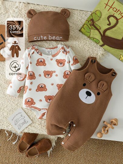 SHEIN 0-12M Unisex Baby 3Piece Outfit Set, Bear Print Long Sleeve Bodysuit & Waffle Knit 3D Bear Ear Overalls With Snap Crotch, Embroidery Bear Ear Beanie Hat