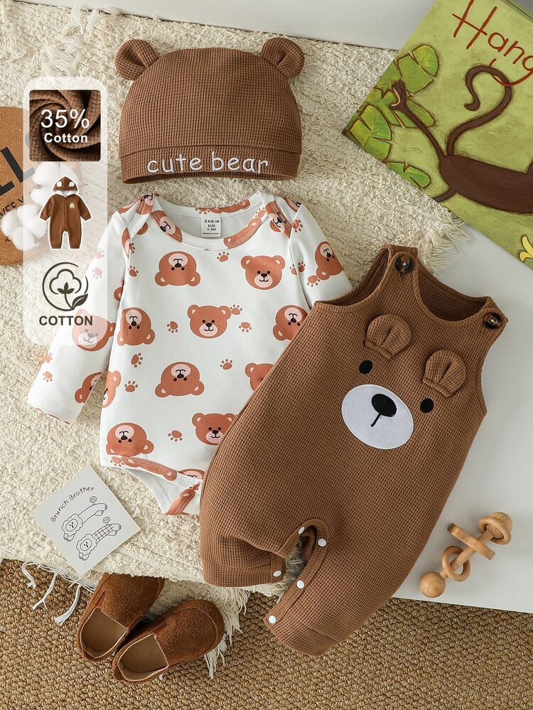 SHEIN 0-12M Unisex Baby 3Piece Outfit Set, Bear Print Long Sleeve Bodysuit & Waffle Knit 3D Bear Ear Overalls With Snap Crotch, Embroidery Bear Ear Beanie Hat - Multicolor - View 1