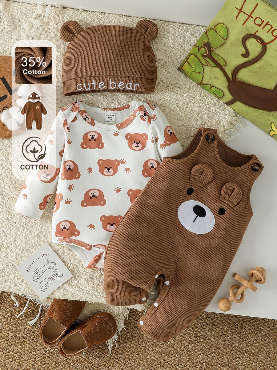 SHEIN 0-12M 中性嬰兒3件套服裝組合，熊圖案長袖連身衣 & 華夫格針織3D熊耳朵吊帶褲（附按扣褲襠），刺繡熊耳朵針織帽