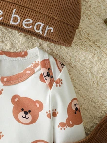SHEIN 0-12M 中性嬰兒3件套服裝組合，熊圖案長袖連身衣 & 華夫格針織3D熊耳朵吊帶褲（附按扣褲襠），刺繡熊耳朵針織帽 - 彩色 - 查看 9