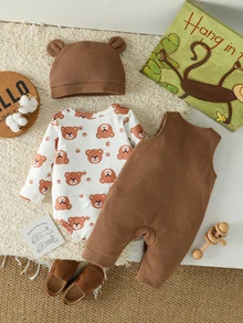 SHEIN 0-12M 中性嬰兒3件套服裝組合，熊圖案長袖連身衣 & 華夫格針織3D熊耳朵吊帶褲（附按扣褲襠），刺繡熊耳朵針織帽 - 彩色 - 查看 7