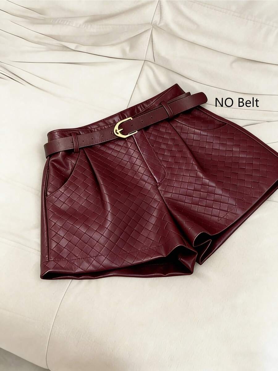 INAWLY Women's Burgundy Woven Leather Shorts - Burgundy - View 1