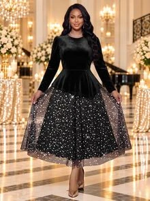 Fleurora طقم نسائي كاجوال من قطعتين مقاس كبير، ملابس علوية برقبة دائرية وأكمام طويلة بلون موحد مع تنورة - متعدد الألوان - مشاهدة 1