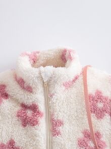 SHEIN 少女活力花卉印花立領毛茸茸拉鍊夾克，適合冬季出遊、秋季、返校季 - 彩色 - 查看 5