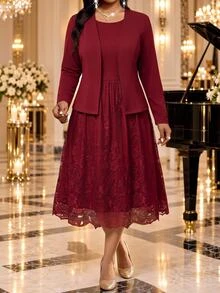 Fleurora Plus Size Women's Round Neck Dress And Cardigan Casual 2 Pieces Set - Multicolor - View 6