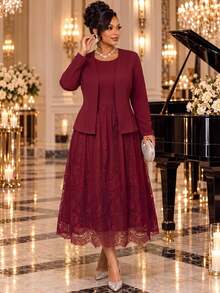 Fleurora Plus Size Women's Round Neck Dress And Cardigan Casual 2 Pieces Set - Multicolor - View 4