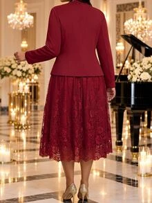 Fleurora Plus Size Women's Round Neck Dress And Cardigan Casual 2 Pieces Set - Multicolor - View 3