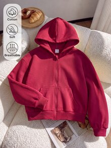 SHEIN 青少年女孩春秋休閒百搭正裝寬鬆版型韓系紅色棉混紡開襟運動外套，返校季適用，適合購物與外出 - 紅色 - 查看 5
