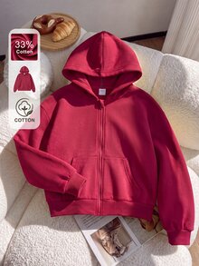 SHEIN 青少年女孩春秋休閒百搭正裝寬鬆版型韓系紅色棉混紡開襟運動外套，返校季適用，適合購物與外出 - 紅色 - 查看 2