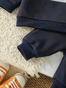 SHEIN 2件組男嬰拼接色運動衫與慢跑褲套裝，可愛熊口袋長袖加厚柔軟秋冬運動套裝 - 彩色 - 查看 11