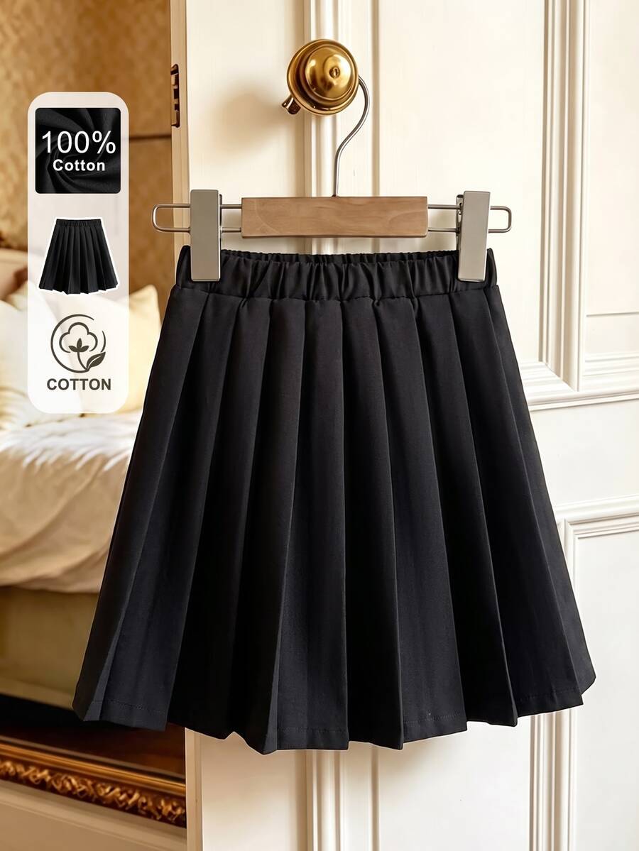SHEIN Girls' Basic Black Pleated Skirt, Cotton Blend Fabric, Suitable For School, Outings, Play And Daily Wear, Autumn/Winter - Black - View 1